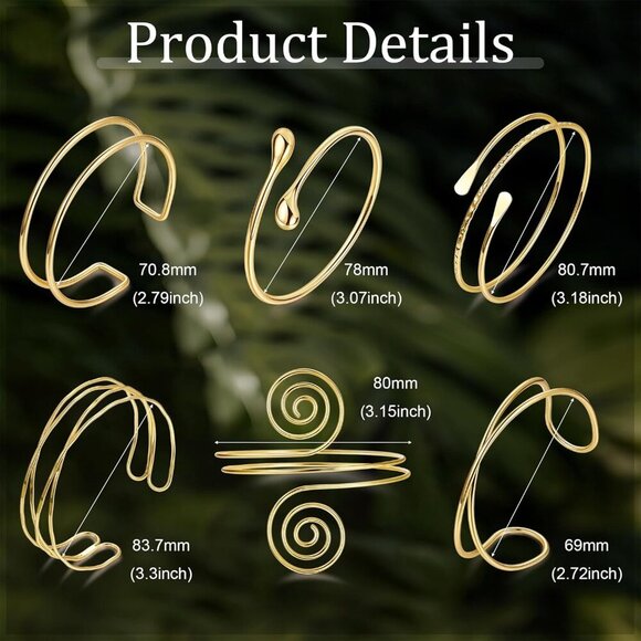 6Pcs Boho Coil Arm Cuff Bangle Set - Adjustable Minimalist Open Arm Cuff Armlet - Picture 2 of 6